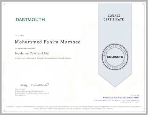 Population, Food, and Soil certificate